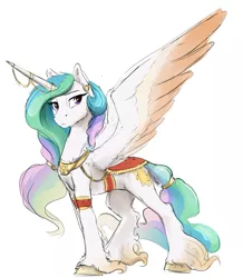 Size: 1333x1530 | Tagged: safe, artist:silfoe, derpibooru import, princess celestia, alicorn, pony, nomad au, alternate universe, clothes, colored wings, colored wingtips, ear piercing, earring, ethereal fetlocks, ethereal mane, female, horn jewelry, jewelry, mare, piercing, royal multiverse, simple background, solo, spread wings, unshorn fetlocks, white background, wings