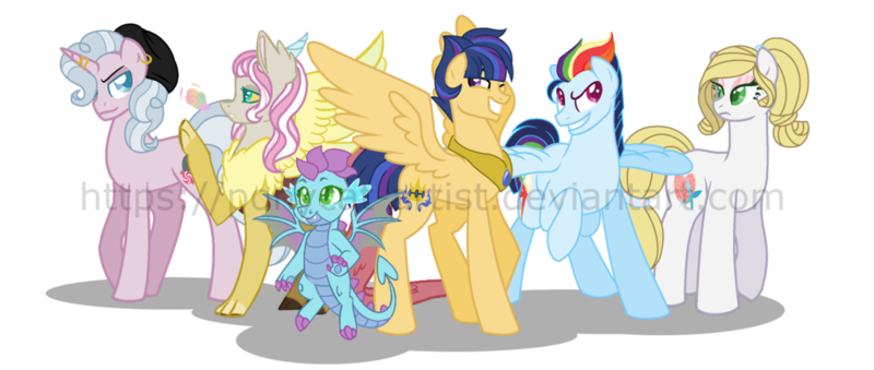 Size: 1024x434 | Tagged: safe, artist:ponycat-artist, derpibooru import, oc, oc:berry pie, oc:diamont night, oc:flash light, oc:ivory crystal, oc:prince silver comet, oc:snowy lilly, unofficial characters only, dragon, earth pony, hybrid, pegasus, pony, unicorn, base used, digital art, dragon oc, female, group, interspecies offspring, magical lesbian spawn, male, mare, next generation, offspring, parent:applejack, parent:discord, parent:flash sentry, parent:fluttershy, parent:pinkie pie, parent:pokey pierce, parent:princess ember, parent:rainbow dash, parent:rarity, parent:soarin', parent:spike, parent:twilight sparkle, parents:discoshy, parents:emberspike, parents:flashlight, parents:pokeypie, parents:rarijack, parents:soarindash, simple background, spread wings, stallion, transparent background, wall of tags, watermark, wings