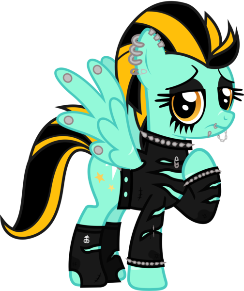 Size: 1133x1348 | Tagged: safe, artist:lightningbolt, derpibooru import, lightning dust, pegasus, pony, .svg available, belt, chains, choker, clothes, drop dead clothing, dyed mane, ear piercing, earring, eyeliner, eyeshadow, female, frown, jewelry, lidded eyes, lip piercing, looking at you, makeup, mare, needle, piercing, raised hoof, safety pin, scar, simple background, snake bites, socks, solo, spiked choker, spiked wristband, spread wings, standing, svg, thread, torn clothes, transparent background, vector, wing piercing, wings, wristband