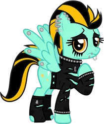 Size: 1133x1348 | Tagged: safe, artist:lightningbolt, derpibooru import, lightning dust, pegasus, pony, .svg available, belt, chains, choker, clothes, drop dead clothing, dyed mane, ear piercing, earring, eyeliner, eyeshadow, female, frown, jewelry, lidded eyes, lip piercing, looking at you, makeup, mare, needle, piercing, raised hoof, safety pin, scar, simple background, snake bites, socks, solo, spiked choker, spiked wristband, spread wings, standing, svg, thread, torn clothes, transparent background, vector, wing piercing, wings, wristband
