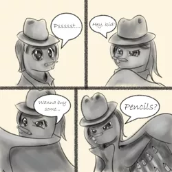 Size: 904x904 | Tagged: artist:sketchiepone, ask, clothes, comic, derpibooru import, dialogue, fedora, hat, oc, oc:sketchiepone, pencil, safe, simple background, sketch, solo, speech bubble, text, trenchcoat, tumblr, unofficial characters only