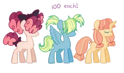 Size: 1024x604 | Tagged: safe, artist:peachjay, derpibooru import, oc, unofficial characters only, earth pony, pegasus, pony, unicorn, eyes closed, female, hair over eyes, magical lesbian spawn, mare, offspring, parent:applejack, parent:derpy hooves, parent:moondancer, parent:pinkie pie, parent:rainbow dash, parent:songbird serenade, parents:derpydash, simple background, transparent background