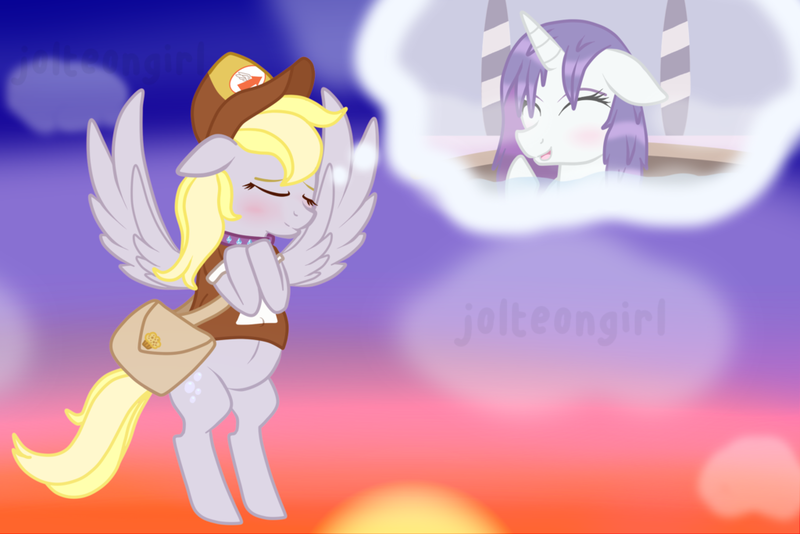 Size: 1024x683 | Tagged: safe, artist:jolteongirl, derpibooru import, derpy hooves, rarity, pony, blushing, cap, clothes, derpity, female, flying, hat, lesbian, mailbag, shipping, spa