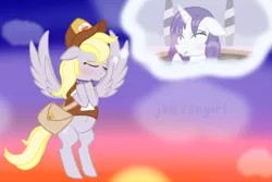 Size: 1024x683 | Tagged: safe, artist:jolteongirl, derpibooru import, derpy hooves, rarity, pony, blushing, cap, clothes, derpity, female, flying, hat, lesbian, mailbag, shipping, spa