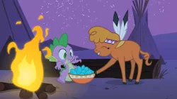 Size: 1280x720 | Tagged: bowl, campfire, cloven hooves, derpibooru import, duo, eyes closed, fire, little strongheart, night, over a barrel, safe, screencap, spike, tent, tipi, turquoise