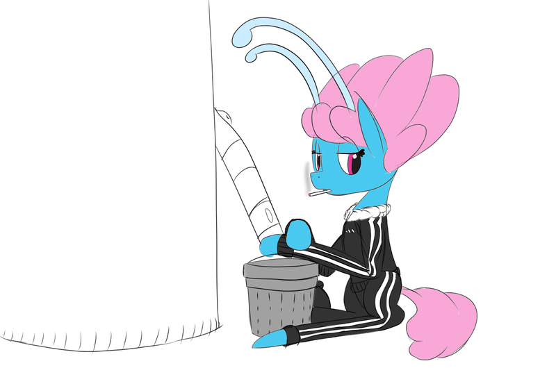 Size: 1507x998 | Tagged: alcohol, artist:crabs_of_steam, breezie, derpibooru import, drawthread, dropper, male, /mlp/, safe, seabreeze, slav, smoking, solo, thimble, tracksuit