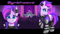 Size: 1920x1080 | Tagged: safe, artist:ciderpunk, derpibooru import, oc, oc:synthwave, pony, unicorn, audience, blue eyes, clothes, concert, disc jockey, female, looking at you, mare, raised hoof, solo, turntable, wallpaper