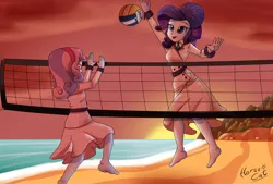 Size: 3700x2500 | Tagged: safe, artist:horsecat, derpibooru import, rarity, sweetie belle, equestria girls, barefoot, beach, clothes, dress, feet, female, missing shoes, raristocrat, rose dewitt bukater, sisterly love, sisters, sports, sunset, titanic, volleyball, volleyball net, water