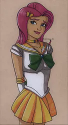 Size: 803x1477 | Tagged: anime, artist:fires-storm, beautiful, clothes, crossover, cute, derpibooru import, female, fluttershy, hands behind back, human, humanized, lipstick, part of a set, pink lipstick, safe, sailor kindness, sailor moon, sailor scout, shyabetes, solo, traditional art, woman
