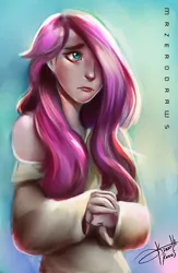 Size: 564x866 | Tagged: artist:bunsogen, clothes, derpibooru import, female, fluttershy, hair over one eye, human, humanized, sad, safe, signature, solo