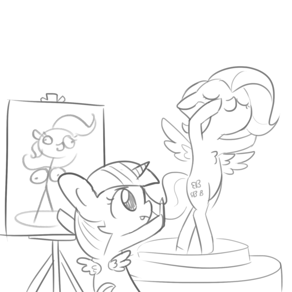 Size: 1650x1650 | Tagged: questionable, artist:tjpones, derpibooru import, fluttershy, twilight sparkle, twilight sparkle (alicorn), alicorn, anthro, pegasus, artistic nudity, bipedal, breasts, busty fluttershy, chest fluff, drawing, duo, eyes closed, grayscale, hoof hold, monochrome, nipples, nude model, nudity, pose, simple background, stick figure, stickmare, stylistic suck, we don't normally wear clothes, white background