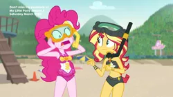 Size: 1280x720 | Tagged: safe, derpibooru import, screencap, pinkie pie, sunset shimmer, equestria girls, equestria girls series, unsolved selfie mysteries, belly button, bikini, clothes, duo, geode of empathy, geode of sugar bombs, goggles, midriff, snorkel, swimsuit