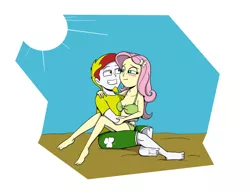 Size: 1100x850 | Tagged: suggestive, artist:coffeeburger, derpibooru import, fluttershy, oc, oc:lucky charm, human, equestria girls, barefoot, beach, bikini, blushing, breasts, canon x oc, clothes, feet, female, flucky, hug, male, shipping, sitting, sitting on lap, straight, swim trunks, swimsuit