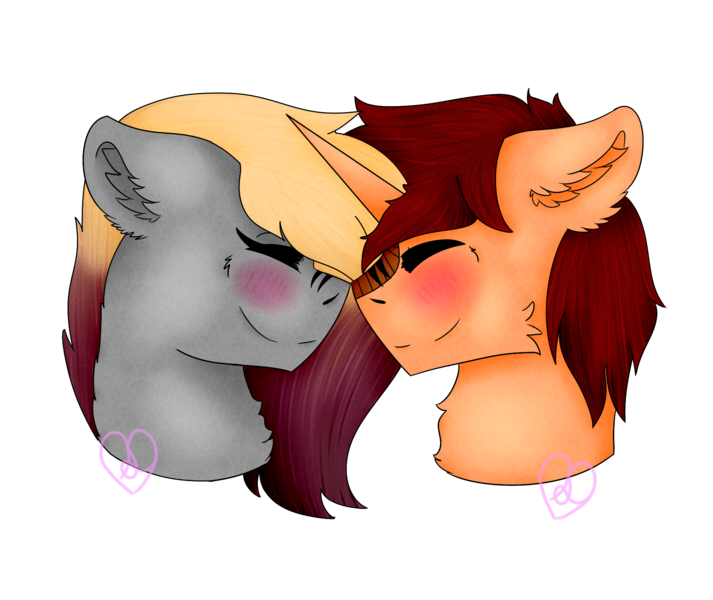 Size: 1900x1600 | Tagged: safe, artist:diane-thorough, derpibooru import, oc, unicorn, bust, couple, female, floppy ears, happy, male, shipping, simple background, smiling, straight, transparent background, ych result