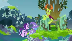 Size: 1280x720 | Tagged: safe, derpibooru import, screencap, starlight glimmer, thorax, trixie, changedling, changeling, pony, unicorn, to change a changeling, changeling hive, changeling king, female, king thorax, male, mare, throne