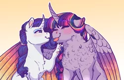 Size: 5100x3300 | Tagged: safe, artist:earthsong9405, deleted from derpibooru, derpibooru import, rarity, twilight sparkle, twilight sparkle (alicorn), alicorn, pony, unicorn, :p, :t, blushing, braid, chest fluff, colored hooves, colored wings, colored wingtips, curved horn, cute, duo, eyes closed, female, finger hooves, floppy ears, fluffy, gradient background, grin, hug, leg fluff, lesbian, lidded eyes, mare, multicolored wings, paws, paws on pony, rarilight, shipping, shoulder fluff, silly, simple background, sitting, smiling, sparkles, spread wings, starry wings, stars, tongue out, twiabetes, wing claws, wing fluff, winghug, wings, yellow background