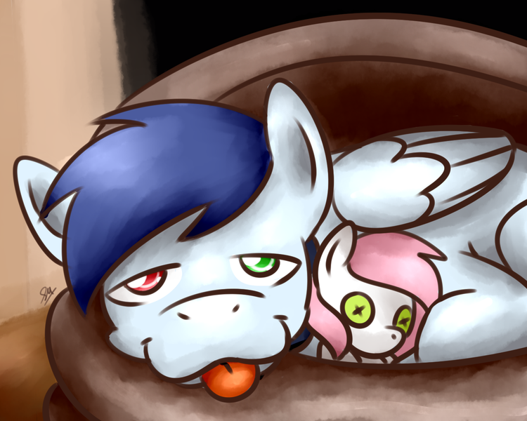 Size: 1280x1024 | Tagged: safe, artist:sugar morning, derpibooru import, oc, oc:slipstream, oc:sugar morning, unofficial characters only, dog pony, pegasus, pony, boof, boofy, boofy is a good boy, cute, dogbed, doll, female, heterochromia, male, oc x oc, plushie, shipping, sleepy, stallion, sugarstream, tired, toy, woof