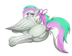 Size: 4093x3200 | Tagged: source needed, suggestive, artist:4clop, derpibooru import, oc, oc:silver melody, unofficial characters only, pegasus, pony, bow, digital art, dock, featureless crotch, female, hair bow, high res, lying down, mare, preening, ribbon, simple background, solo, transparent background, underhoof