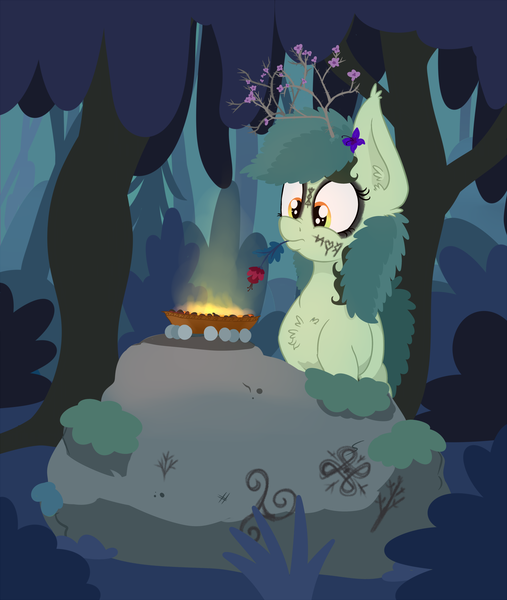 Size: 2697x3192 | Tagged: safe, artist:paskanaakka, derpibooru import, oc, oc:bittergreen, unofficial characters only, earth pony, pony, chest fluff, ear fluff, female, fire, flower, flower in hair, forest, mare, mouth hold, night, nose wrinkle, ritual, rock, runes, solo, tree