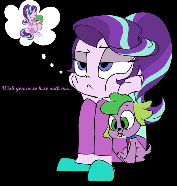 Size: 730x768 | Tagged: safe, artist:emositecc, artist:titanium-pony, derpibooru import, edit, spike, spike the regular dog, starlight glimmer, dog, equestria girls, bored, dialogue, female, hug, male, shipping, sparlight, straight, thought bubble