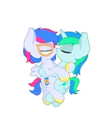 Size: 4331x5006 | Tagged: absurd resolution, anonymous artist, colt, cuddling, cyancest, derpibooru import, female, filly, foal, glasses, hoof polish, hug, incest, kissing, male, nail polish, oc, oc:azure lightning, oc:cyan lightning, safe, shipping, simple background, straight, transparent background, unofficial characters only