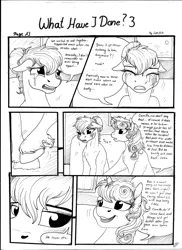 Size: 2550x3506 | Tagged: artist:lupiarts, black and white, cheering up, comic, comic:what have i done, crying, derpibooru import, dramatic, family, grayscale, monochrome, oc, oc:camilla curtain, oc:chess, oc:roselyn bloom, sad, safe, traditional art, unofficial characters only