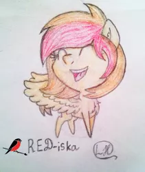 Size: 1015x1200 | Tagged: safe, artist:podkovka, derpibooru import, oc, oc:red-iska, unofficial characters only, pony, chibi, cute, hawks, solo, traditional art