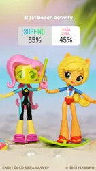 Size: 1080x1920 | Tagged: safe, derpibooru import, official, applejack, fluttershy, blue crushed, equestria girls, equestria girls series, clothes, doll, duo, equestria girls minis, instagram, midriff, poll, surfboard, swimsuit, toy