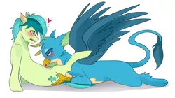 Size: 2120x1190 | Tagged: suggestive, artist:nederside, derpibooru import, gallus, sandbar, earth pony, gryphon, pony, school daze, blushing, duo, duo male, gallbar, gay, hand on butt, heart, licking, love, male, males only, meme, shipping, tongue out