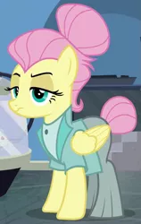 Size: 505x800 | Tagged: safe, derpibooru import, screencap, fluttershy, pegasus, pony, fake it 'til you make it, cropped, female, lidded eyes, mare, severeshy, solo