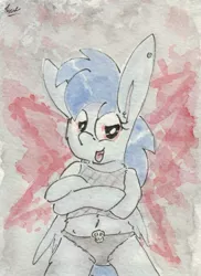 Size: 683x939 | Tagged: suggestive, artist:slightlyshade, derpibooru import, pony, belly button, bipedal, clothes, cold wisp, crossed arms, evil, female, fishnet clothing, gray underwear, panties, piercing, skull, skull underwear, solo, solo female, traditional art, underwear