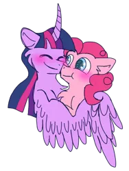 Size: 2100x2800 | Tagged: safe, artist:lolwise, derpibooru import, pinkie pie, twilight sparkle, twilight sparkle (alicorn), alicorn, earth pony, pony, blushing, bust, cheek fluff, chest fluff, curved horn, duo, eyes closed, female, hug, lesbian, mare, shipping, simple background, starry eyes, transparent background, twinkie, wingding eyes, winghug