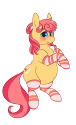 Size: 849x1400 | Tagged: artist:heftyhorsehostler, belly, belly button, big belly, blushing, chubby, chubby cheeks, clothes, derpibooru import, fat, female, mare, oc, oc:sugar sweet, simple background, socks, squishy, striped socks, suggestive, transparent background, unofficial characters only