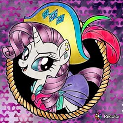 Size: 1024x1024 | Tagged: artist:arguszn, clothes, colored, color edit, derpibooru import, ear piercing, earring, edit, female, hat, jewelry, lidded eyes, mare, my little pony: the movie, open mouth, piercing, pirate, pirate hat, pirate rarity, raised eyebrow, rarity, recolor (app), safe, solo