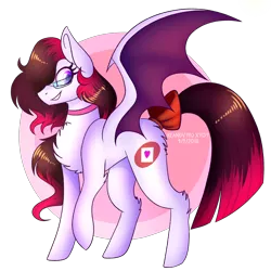 Size: 2000x2000 | Tagged: safe, artist:keanuvyfoxy09, derpibooru import, oc, oc:screamless, unofficial characters only, pony, abstract background, bat wings, bow, butt fluff, chest fluff, collar, colored wings, female, glasses, leg fluff, looking at you, mare, raised hoof, solo, spread wings, standing, tail bow, wings