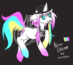 Size: 935x832 | Tagged: safe, artist:foxinacup, derpibooru import, oc, oc:neon dream, unofficial characters only, pony, unicorn, backwards ballcap, baseball cap, cap, colored hooves, colored pupils, dark background, female, gradient mane, hat, looking at you, mare, multicolored tail, nose piercing, nose ring, piercing, reference sheet, scene kid, simple background, solo, tongue out, tongue piercing, watermark