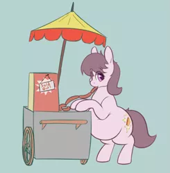 Size: 1209x1235 | Tagged: safe, artist:heftyhorsehostler, derpibooru import, oc, oc:hot dogger, unofficial characters only, earth pony, pony, belly, big belly, bipedal, bipedal leaning, blue background, eating, fat, food, hot dog, hot dog stand, leaning, meat, ponies eating meat, sausage, simple background, solo, squishy, stuffed