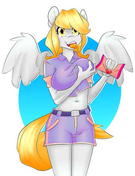 Size: 2800x3645 | Tagged: anthro, artist:amberpendant, belly button, big breasts, breast fondling, breast grab, breasts, busty derpy hooves, clothes, derpibooru import, derpy hooves, grope, mail, midriff, short shirt, suggestive, uniform