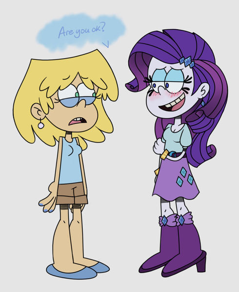 Size: 1783x2184 | Tagged: safe, artist:itoruna-the-platypus, derpibooru import, rarity, equestria girls, bedroom eyes, blushing, clothes, crossover, crossover shipping, dialogue, ear piercing, earring, female, jewelry, lesbian, lori loud, nickelodeon, piercing, shipping, shoes, sleeveless, style emulation, tanktop, text, the loud house