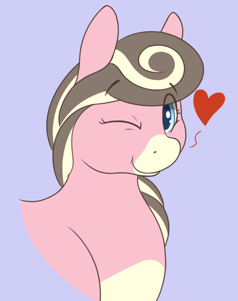 Size: 1200x1520 | Tagged: artist:heftyhorsehostler, bust, chubby, derpibooru import, heart, looking at you, oc, oc:creamy neapolitan, one eye closed, purple background, safe, simple background, unofficial characters only, wink