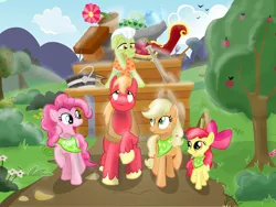 Size: 1600x1200 | Tagged: safe, artist:mozgan, derpibooru import, apple bloom, applejack, big macintosh, granny smith, pinkie pie, earth pony, pony, pinkie apple pie, apple family, apple tree, apples to the core, scene interpretation, singing, tree