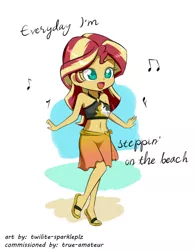 Size: 701x902 | Tagged: safe, artist:twilite-sparkleplz, derpibooru import, sunset shimmer, equestria girls, equestria girls series, forgotten friendship, anime style, belly button, bikini, clothes, cute, feet, flip-flops, midriff, music notes, reference, sandals, shimmerbetes, simple background, singing, smiling, solo, spongebob squarepants, stepping on the beach, swimsuit, walking small, white background