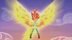 Size: 1920x1080 | Tagged: safe, deleted from derpibooru, derpibooru import, screencap, sunset shimmer, equestria girls, my past is not today, rainbow rocks, fiery shimmer, fiery wings, fire hair, floating, happy, mane of fire, singing, smiling, solo, sunset phoenix