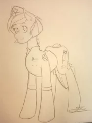 Size: 960x1280 | Tagged: safe, artist:dubsteppegasister, derpibooru import, oc, oc:sundrop, pony, unicorn, clothes, female, mare, monochrome, solo, traditional art