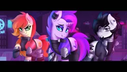 Size: 3840x2160 | Tagged: safe, artist:ciderpunk, derpibooru import, oc, oc:blackout, oc:sunset neon, oc:synthwave, unofficial characters only, earth pony, pony, unicorn, clothes, cyberpunk, facial hair, female, goatee, looking at you, male, mare, raised hoof, smiling, stallion, synthwave, wallpaper, widescreen
