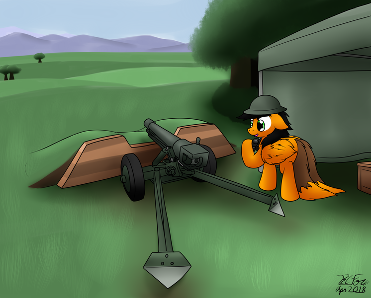 Size: 3239x2605 | Tagged: safe, artist:the-furry-railfan, derpibooru import, oc, oc:twintails, unofficial characters only, pegasus, pony, artillery, binoculars, box, brodie helmet, cannon, forest, grass field, gun, helmet, howitzer, mountain, mountain range, story included, tent, this will end in balloons, this will end in explosions, tree, weapon