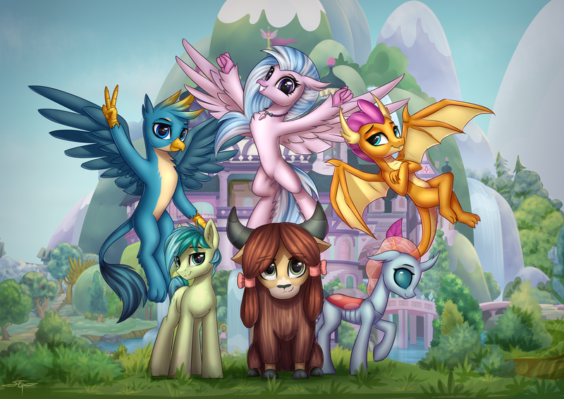 Size: 4961x3508 | Tagged: safe, artist:setharu, derpibooru import, gallus, ocellus, sandbar, silverstream, smolder, yona, changedling, changeling, classical hippogriff, dragon, gryphon, hippogriff, pony, yak, school daze, season 8, commission, dragoness, looking at you, scenery, school of friendship, student six