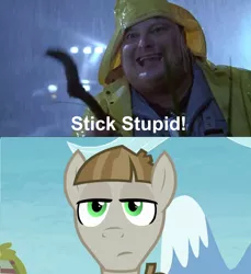 Size: 1270x1385 | Tagged: clothes, crossover, dennis nedry, derpibooru import, dialogue, edit, edited screencap, human, jurassic park, male, meme, mudbriar, safe, screencap, stallion, stick, the maud couple, this will end in death, this will end in pain