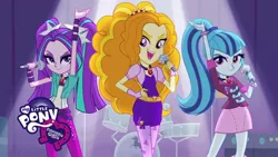 Size: 1920x1080 | Tagged: safe, derpibooru import, screencap, adagio dazzle, aria blaze, sonata dusk, equestria girls, rainbow rocks, equestria girls logo, looking at you, my little pony logo, singing, the dazzlings, under our spell, youtube thumbnail