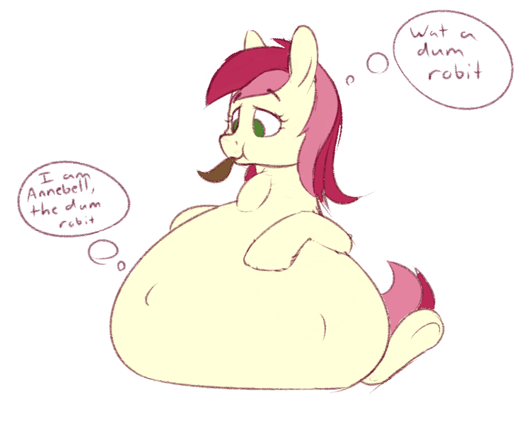 Size: 1059x850 | Tagged: questionable, artist:heftyhorsehostler, derpibooru import, roseluck, oc, oc:annebell, pony, robot, robot pony, belly, big belly, dumb, endosoma, fetish, impossibly large belly, neck bulge, simple background, soft vore, thought bubble, vore, white background